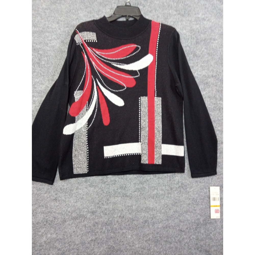 Alfred Dunner Knit Top Small‎ Black Red White Geometric Mock Neck Sweater
